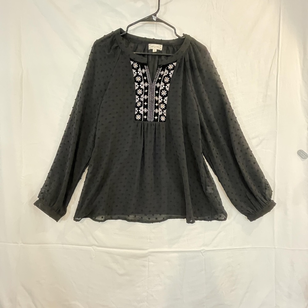 Cloth &‎ Portrait Shirt Womens Large Black Swiss Dot Sheer Boho Peasant Top